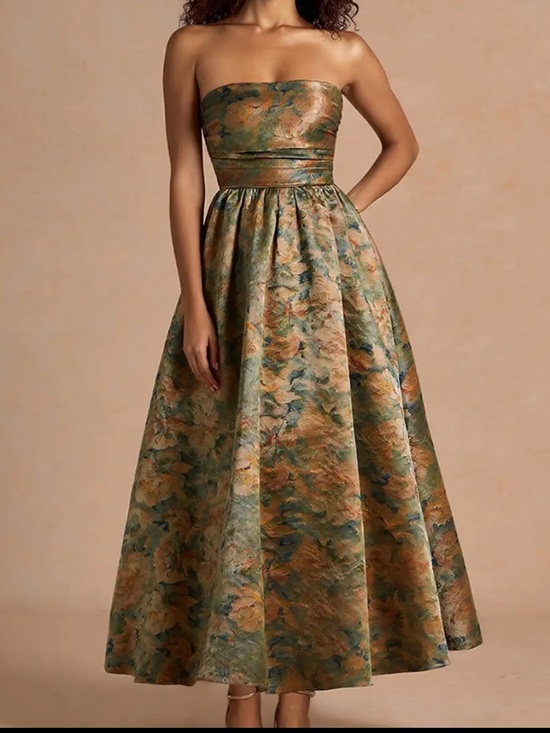 Azazie Dresses & Skirts - Azazie Strapless Floral Jacquard Dress in Green and Gold